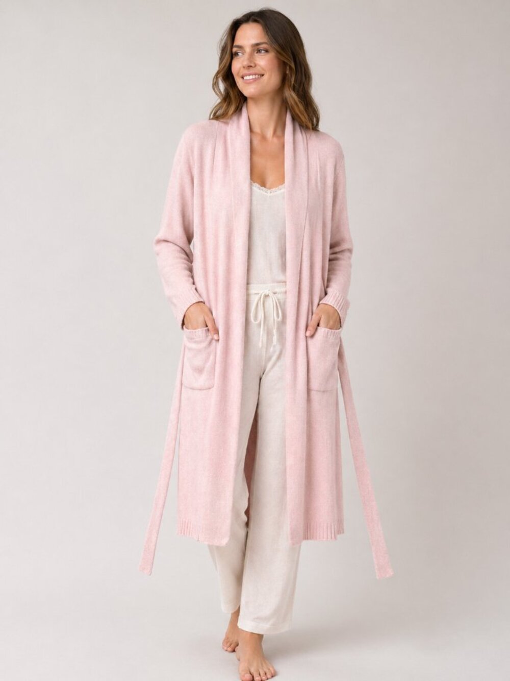 NATORI Blush Pink Soft Knit Long Robe with Belt Front Pockets Women’s Small - Picture 1 of 9